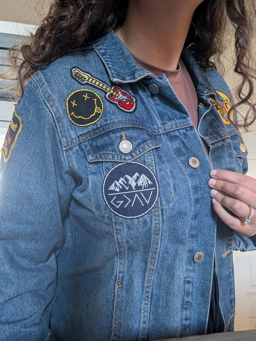 Denim Patch Jacket - Blue Casual Women's Coat - Picture 4 of 6